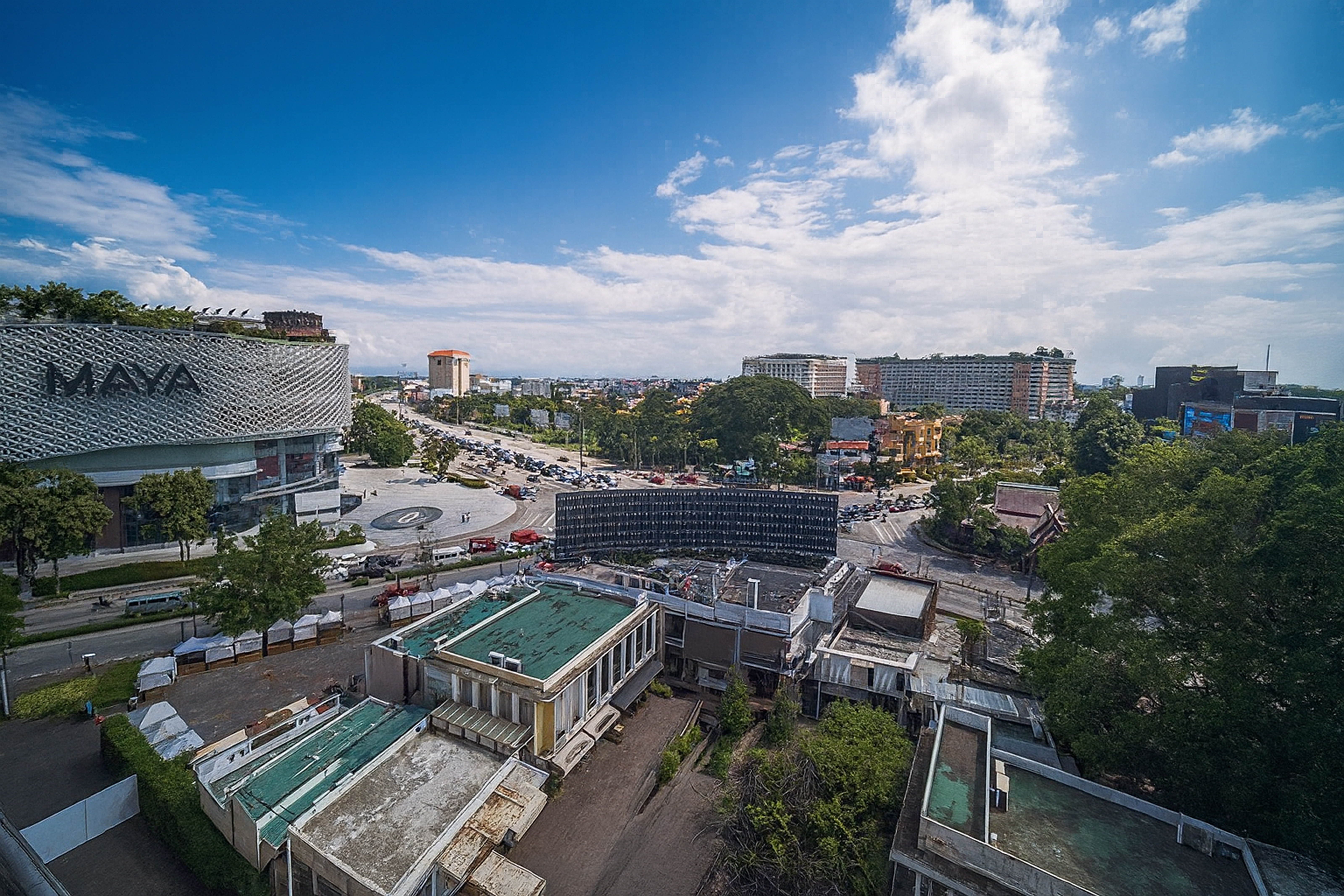 Bangkok cityscape at sunset with temple